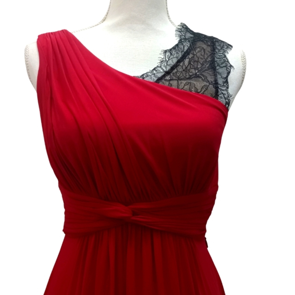 BCBG Maxazria Quenby Red Maxi gown with rouching and black lace. XS - Picture 4 of 10